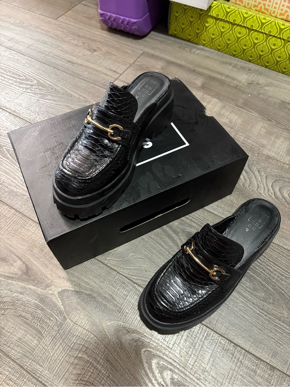 Shu Shop Black Croc-Embossed Leather Loafer Mules with Gold Bit